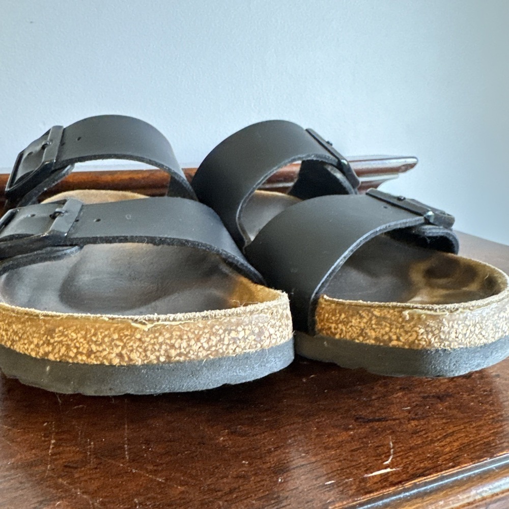 Size 40 Birkenstock Arizona Sandals Black Leather Double Strap Cork Footbed - Picture 14 of 14